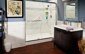 blue and brown bathroom with walk-in shower