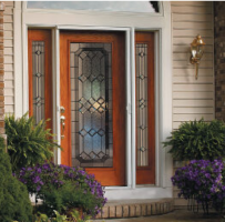 wooden exterior home door with etched glass windows